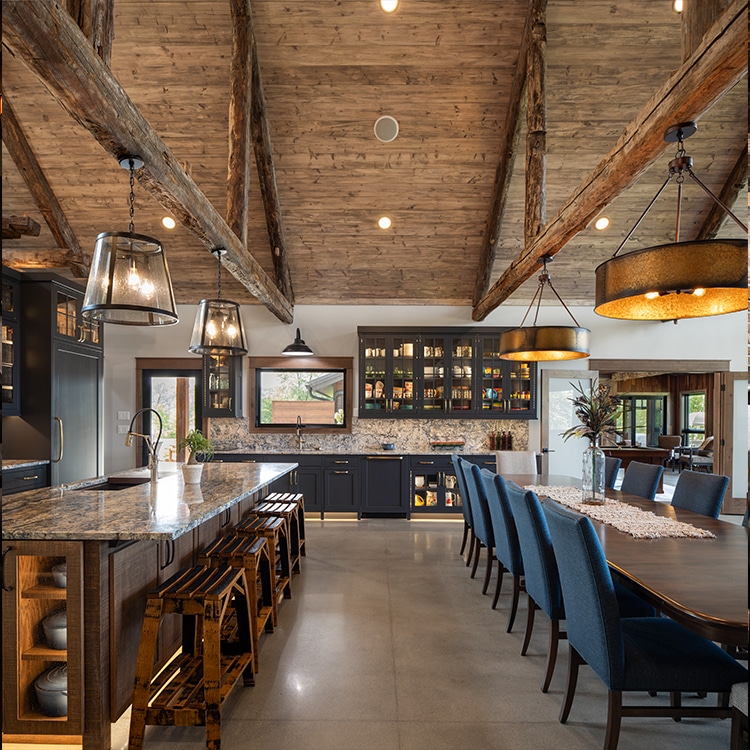 Stone countertop in large dining room.